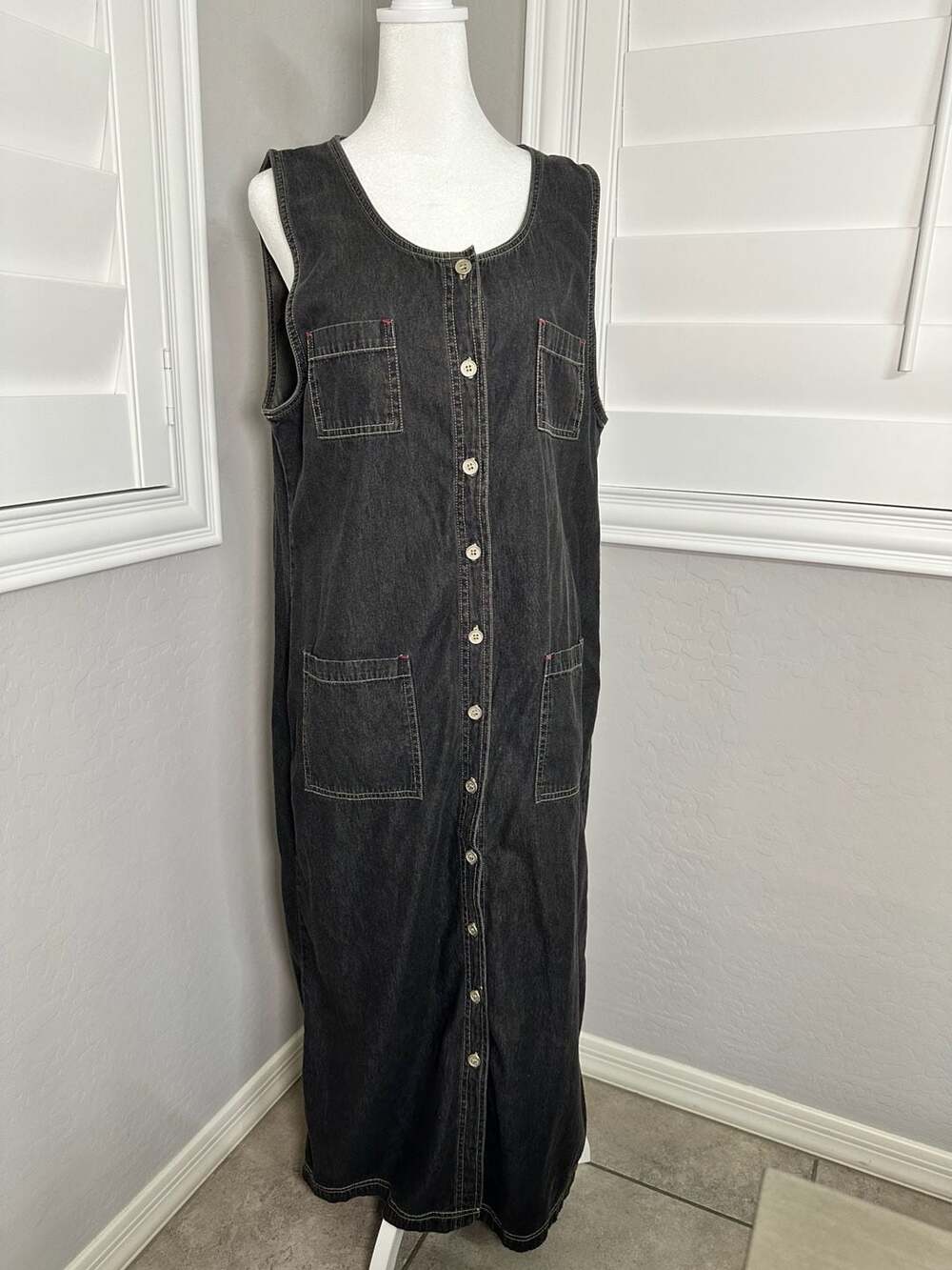 Faded Glory Black Denim Maxi Dress with Button Front and Pockets